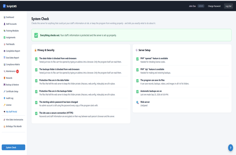 ScriptLMS System Check confirming staff information is protected on the server